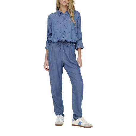 Pantalon bleu imitation denim uni avec une coupe carotte et un lacet à la taille - Image 5