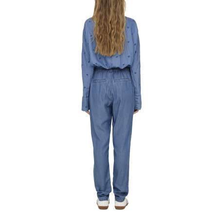 Pantalon bleu imitation denim uni avec une coupe carotte et un lacet à la taille - Image 6