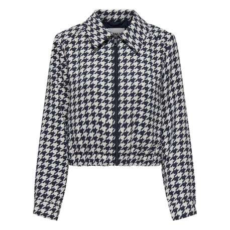 Veste courte bleue marine zippée à imprimé pied de poule avec un col à revers