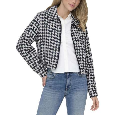 Veste courte bleue marine zippée à imprimé pied de poule avec un col à revers - Image 4
