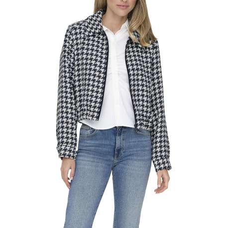 Veste courte bleue marine zippée à imprimé pied de poule avec un col à revers - Image 7