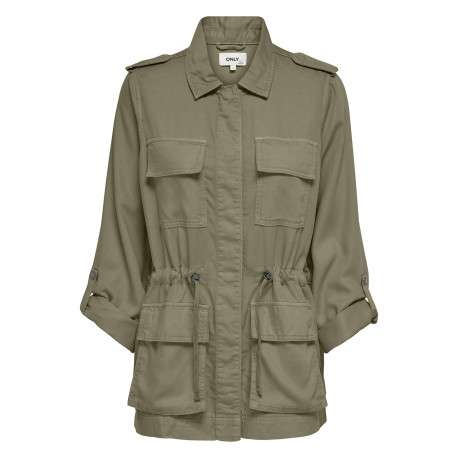Veste kaki unie resserrée à la taille à coupe mi-longue avec un col à revers
