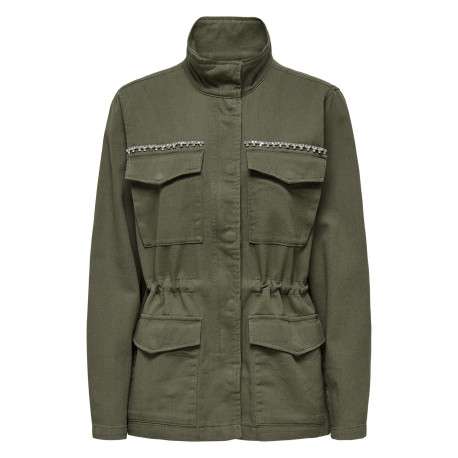 Veste kaki unie avec une coupe mi-longue un col montant et des strass - Image 4