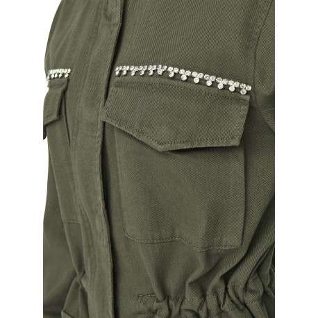 Veste kaki unie avec une coupe mi-longue un col montant et des strass - Image 6