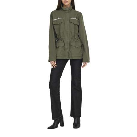 Veste kaki unie avec une coupe mi-longue un col montant et des strass - Image 8