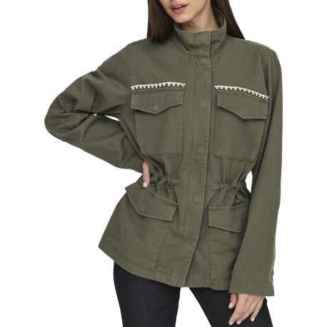 Veste kaki unie avec une coupe mi-longue un col montant et des strass - Image 10
