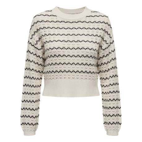 Pull écru en maille ajourée à rayures ondulées noires avec une coupe crop top