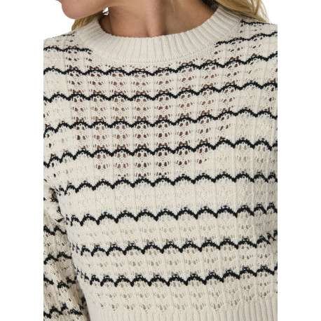 Pull écru en maille ajourée à rayures ondulées noires avec une coupe crop top - Image 3