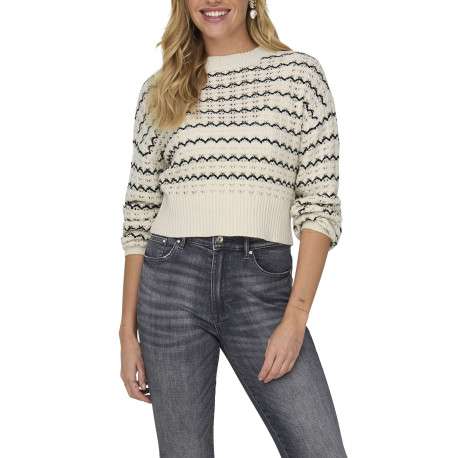 Pull écru en maille ajourée à rayures ondulées noires avec une coupe crop top - Image 4