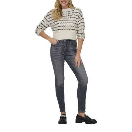 Pull écru en maille ajourée à rayures ondulées noires avec une coupe crop top - Image 5