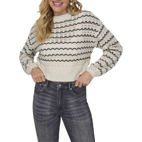 Pull écru en maille ajourée à rayures ondulées noires avec une coupe crop top - Image 7