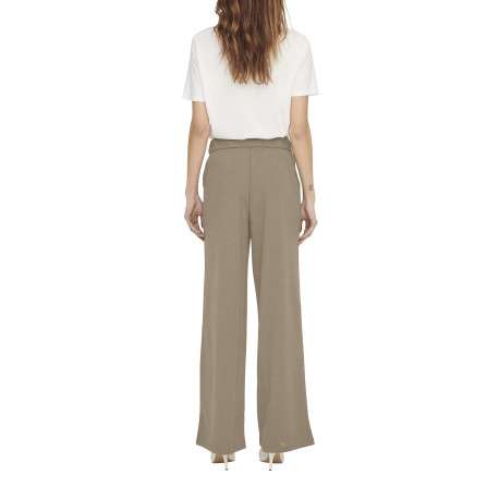 Pantalon beige uni à coupe bootcut avec une taille élastiquée et des passants - Image 4