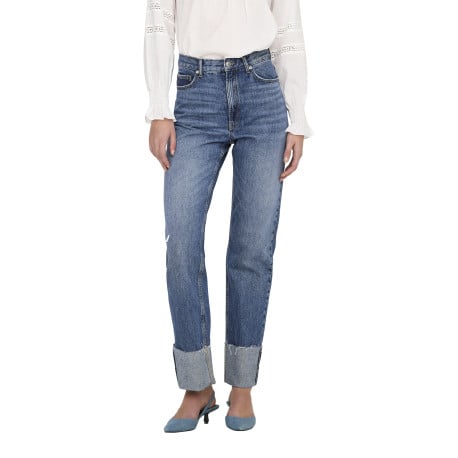 Jean en coton bleu légèrement délavé à coupe regular fit avec des revers - Image 8