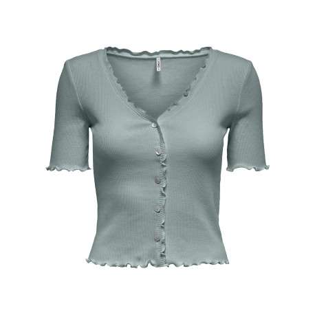 Top boutonné en coton vert côtelé avec une coupe près du corps et un col v