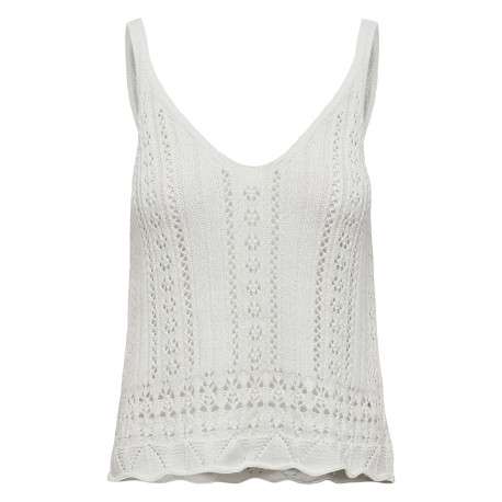 Débardeur en coton mélangé beige uni en maille ajourée avec un col v