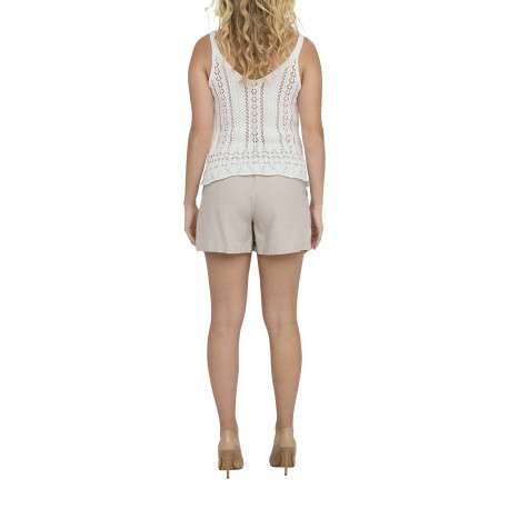 Débardeur en coton mélangé beige uni en maille ajourée avec un col v - Image 5