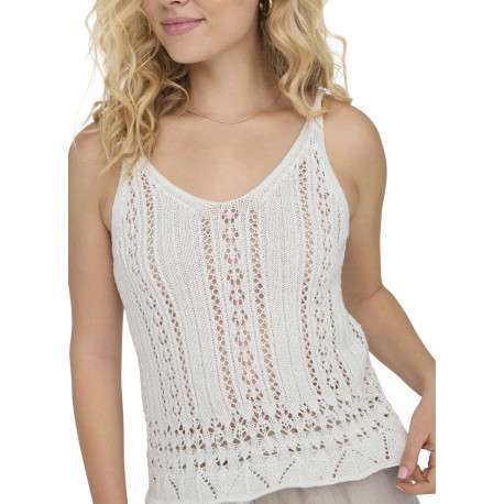 Débardeur en coton mélangé beige uni en maille ajourée avec un col v - Image 6