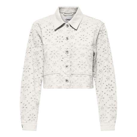 Veste en jean courte en coton blanche avec de la broderie ajourée et des poches