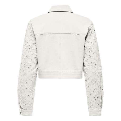 Veste en jean courte en coton blanche avec de la broderie ajourée et des poches - Image 2