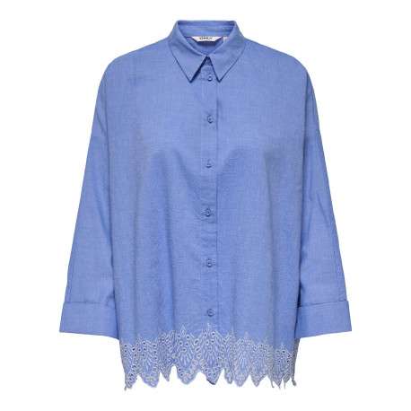 Chemisier en coton bleu uni à coupe longue avec de la broderie sur le bas