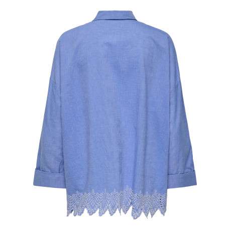 Chemisier en coton bleu uni à coupe longue avec de la broderie sur le bas - Image 2