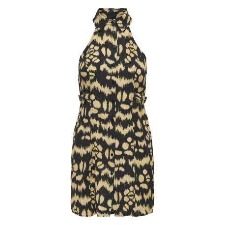 Robe chemise courte noire imprimée avec un col à revers et sans manches
