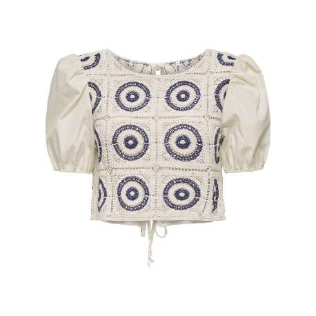 Blouse en coton écrue unie en crochet à coupe crop top avec des détails bleus
