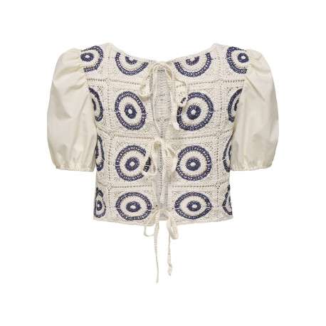Blouse en coton écrue unie en crochet à coupe crop top avec des détails bleus - Image 2