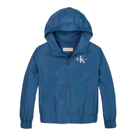 Coupe-vent à capuche zippé bleu uni avec une coupe droite et le logo imprimé