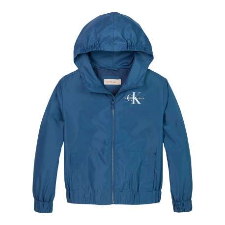 Coupe-vent à capuche zippé bleu uni avec une coupe droite et le logo imprimé