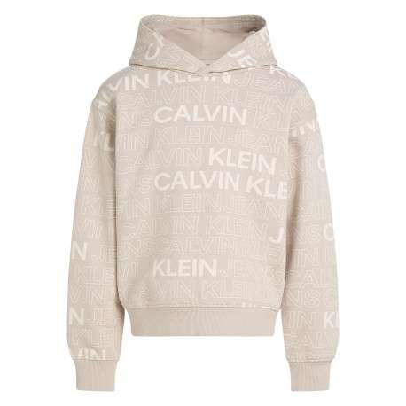 Sweat à capuche en coton beige avec un imprimé all-over et une coupe droite