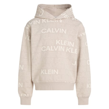 Sweat à capuche en coton beige avec un imprimé all-over et une coupe droite