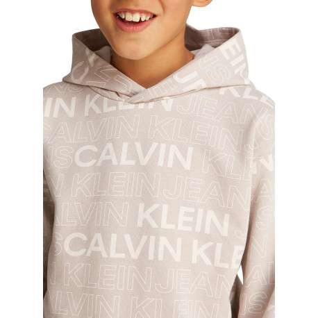 Sweat à capuche en coton beige avec un imprimé all-over et une coupe droite - Image 3