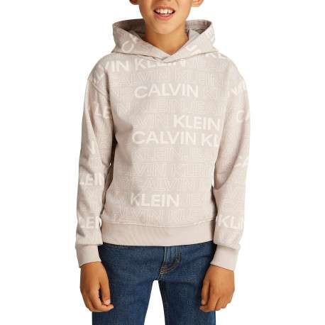 Sweat à capuche en coton beige avec un imprimé all-over et une coupe droite - Image 4
