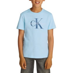 T-shirt en coton bleu ciel avec le logo imprimé en gros et un col rond