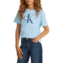 T-shirt en coton bleu ciel avec le logo imprimé en gros et un col rond