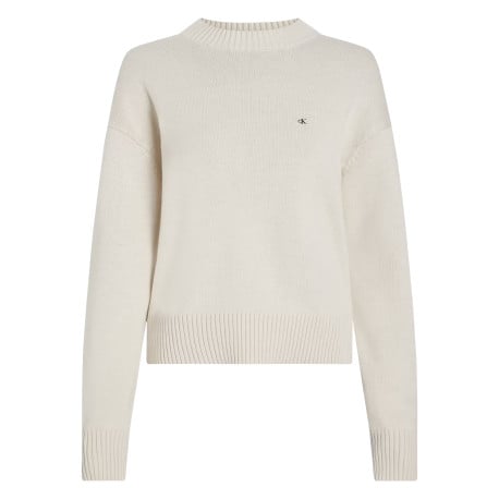 Pull en coton écru uni en maille avec une coupe droite et un col rond