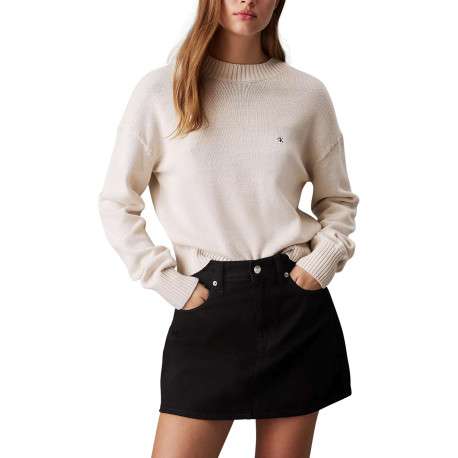 Pull en coton écru uni en maille avec une coupe droite et un col rond - Image 4