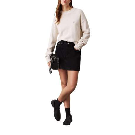 Pull en coton écru uni en maille avec une coupe droite et un col rond - Image 5