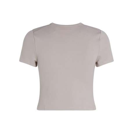 T-shirt beige uni avec une coupe crop top près du corps et un col rond - Image 2