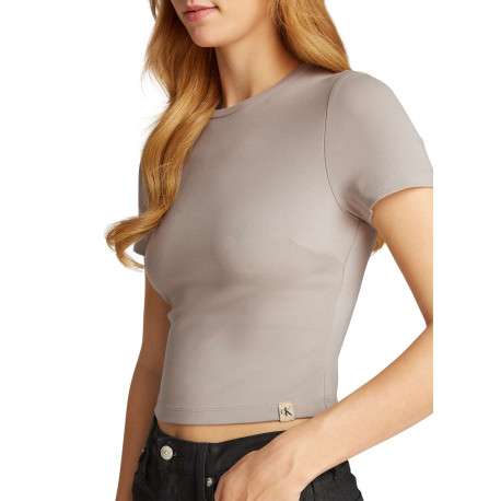 T-shirt beige uni avec une coupe crop top près du corps et un col rond - Image 3