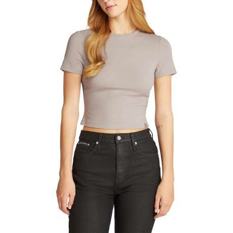T-shirt beige uni avec une coupe crop top près du corps et un col rond - Image 4