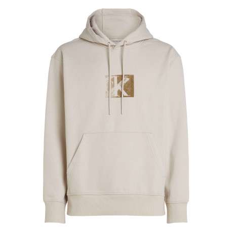 Sweat à capuche en coton écru uni avec une coupe droite et une grande poche