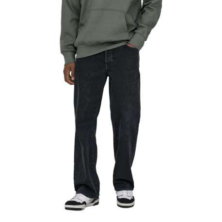 Jean en coton noir légèrement délavé avec une coupe baggy et des passants - Image 4