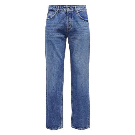 Jean en coton bleu délavé avec une coupe regular fit et une braguette à boutons
