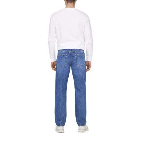 Jean en coton bleu délavé avec une coupe regular fit et une braguette à boutons - Image 6