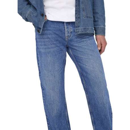 Jean en coton bleu délavé avec une coupe regular fit et une braguette à boutons - Image 7