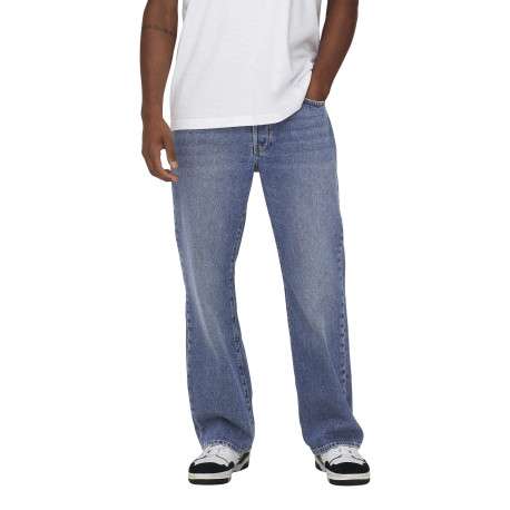 Jean en coton bleu délavé avec une coupe baggy et des passants à la taille - Image 4