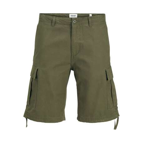 Short Cargo en coton kaki uni avec une coupe droite et des passants