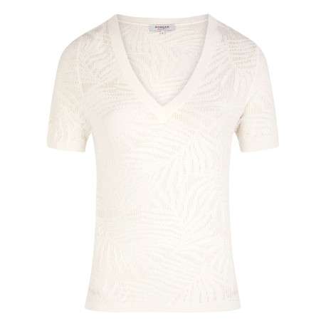 Pull blanc uni à coupe ajustée, col v et à manches courtes et motifs végétaux